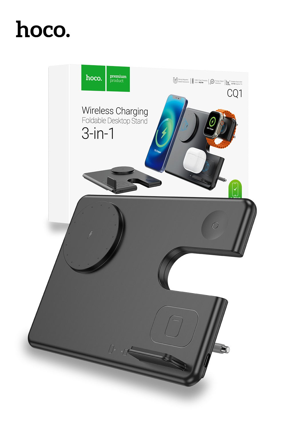 Hoco CQ1 15W Geek Folding 3 in 1 Magnetic Fast Wireless Charger For iWatch