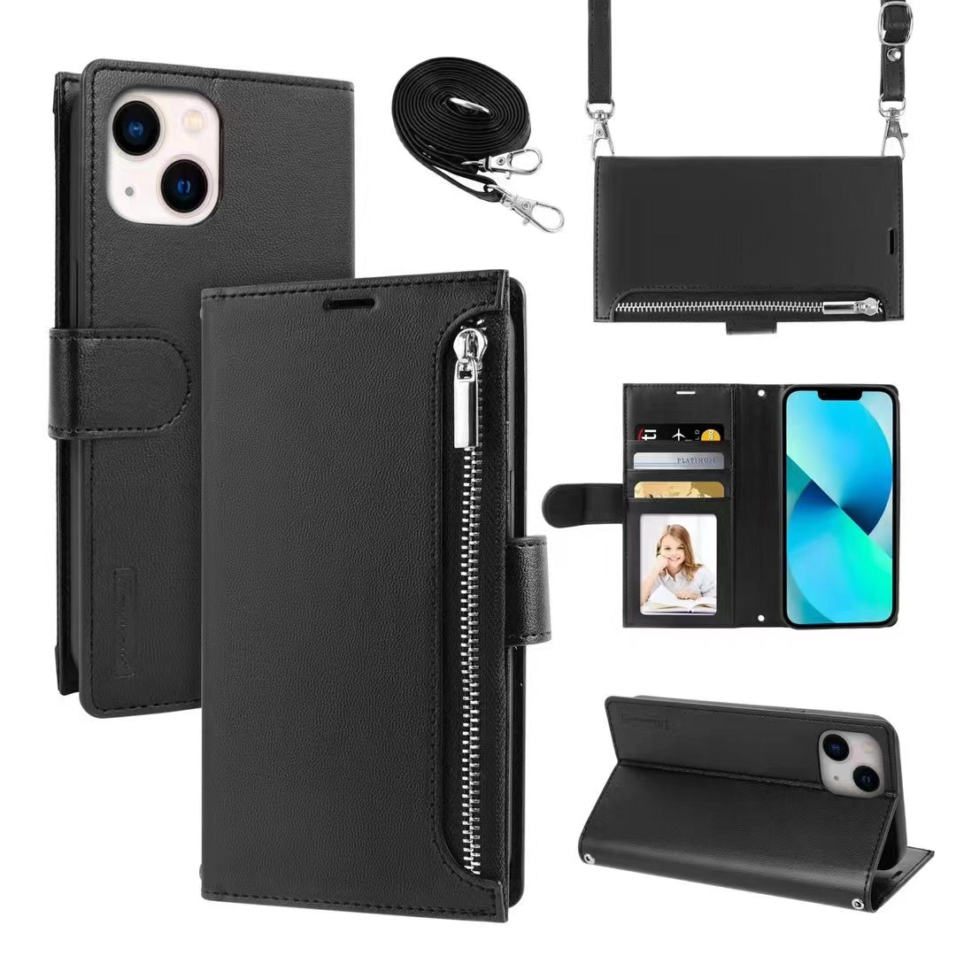 iPhone Hanman Zipper Case with Card Holder Wallet for Women with Strap, Cross-body Necklace Lanyard Shoulder Strap